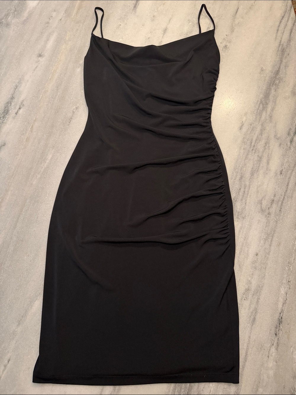 David Meister Black Ruched Midi Slip Dress